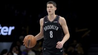 Brooklyn Nets guard Egor Demin (8) brings the ball up court against the Toronto Raptors during the fourth quarter at Barclays Center.