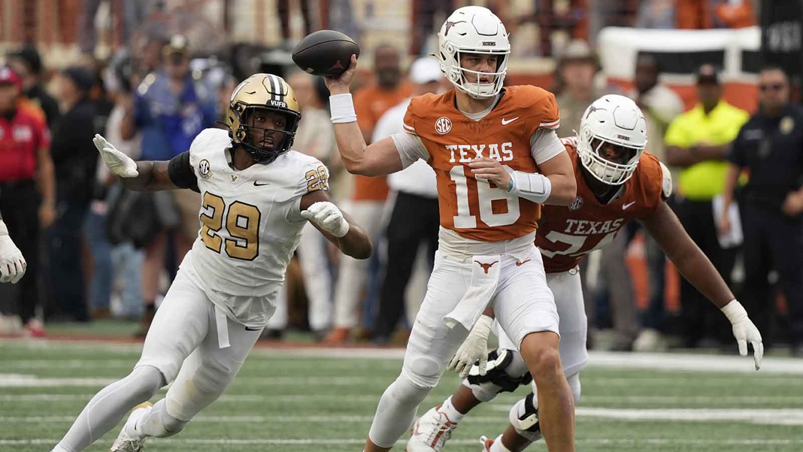 Texas Longhorns quarterback Arch Manning (16) passes ahead of Vanderbilt Commodores defensive back Thomas Jones (9) during the second half at Darrell K Royal-Texas Memorial Stadium.