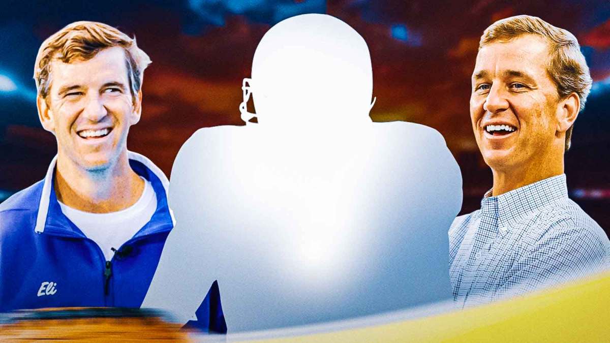 Eli Manning and Cooper Manning with silhouette of his former New York Giants teammate Shaun O'Hara.