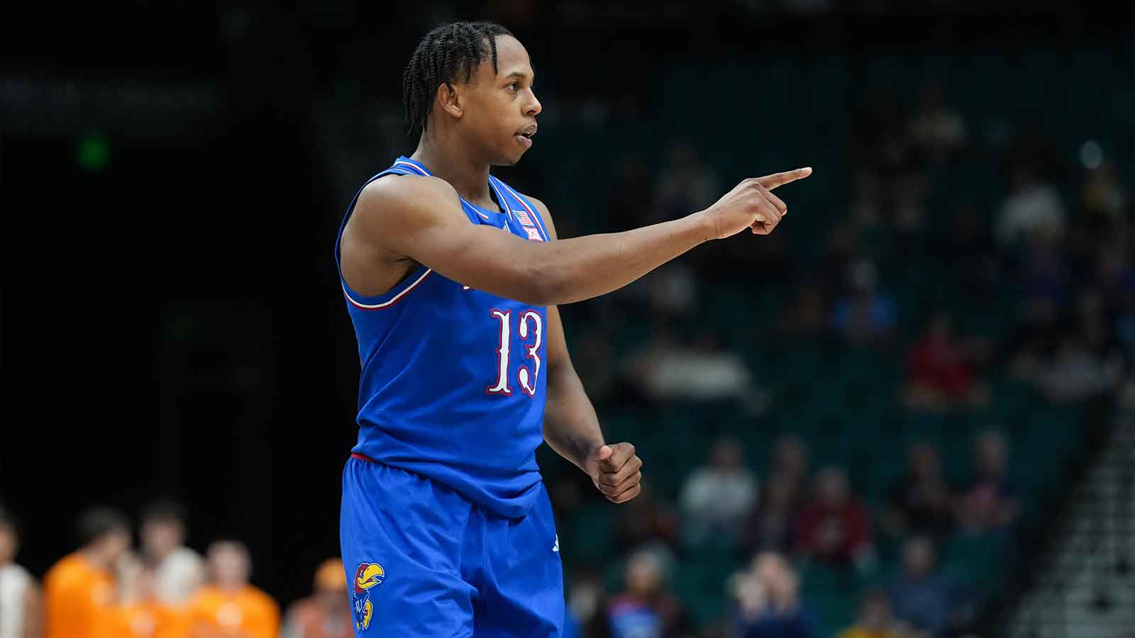 Kansas Jayhawks guard Elmarko Jackson (13) reacts in the second half against the Tennessee Volunteers in the 2025 Players Era Festival third place game at MGM Grand Garden Arena.