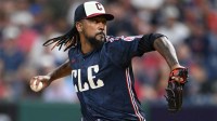 Cleveland Guardians pitcher Emmanuel Clase (48) throws a pitch during the ninth inning against the Athletics at Progressive Field.
