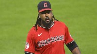 Cleveland Guardians relief pitcher Emmanuel Clase (48) reacts after a win over the Baltimore Orioles at Progressive Field.