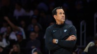 Miami Heat head coach Erik Spoelstra looks on against the Cleveland Cavaliers during the second quarter at Kaseya Center.