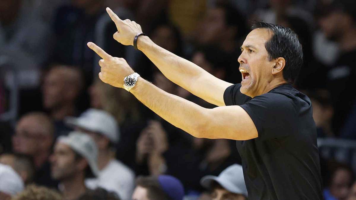 Miami Heat head coach Erik Spoelstra reacts agains the Milwaukee Bucks during the second half of an NBA Cup game at Kaseya Center.