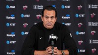 Nov 3, 2025; Inglewood, California, USA; Miami Heat head coach Erik Spoelstra at press conference at the Intuit Dome. Mandatory Credit: Kirby Lee-Imagn Images