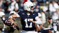 Penn State Nittany Lions Ethan Grunkemeyer (17) throws a pass during a warmup prior to the game against the Indiana Hoosiers at Beaver Stadium.