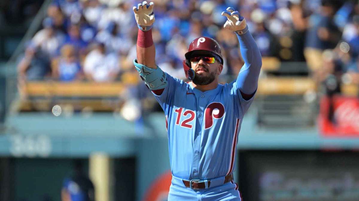 Philadelphia Phillies left fielder Kyle Schwarber (12) reacts after a double in the first inning against the Los Angeles Dodgers during game four of the NLDS round for the 2025 MLB playoffs at Dodger Stadium.