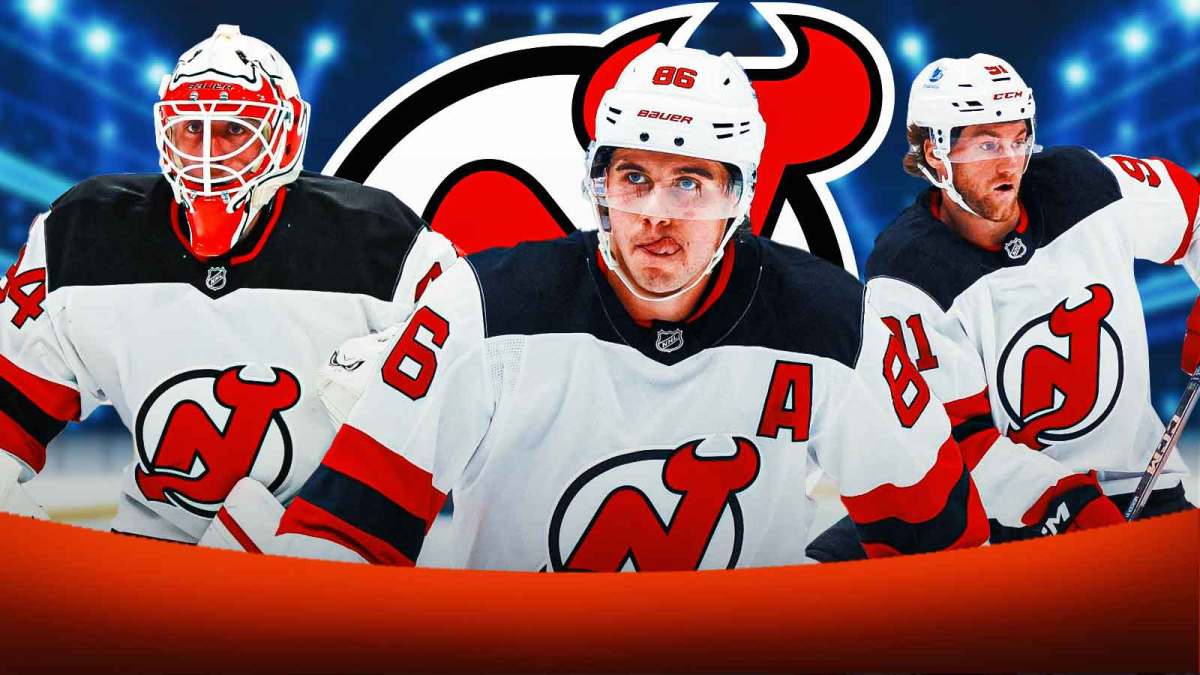 Jack Hughes, Jake Allen, and Dawson Mercer, Devils logo in the background.