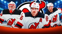 Jack Hughes, Jake Allen, and Dawson Mercer, Devils logo in the background.