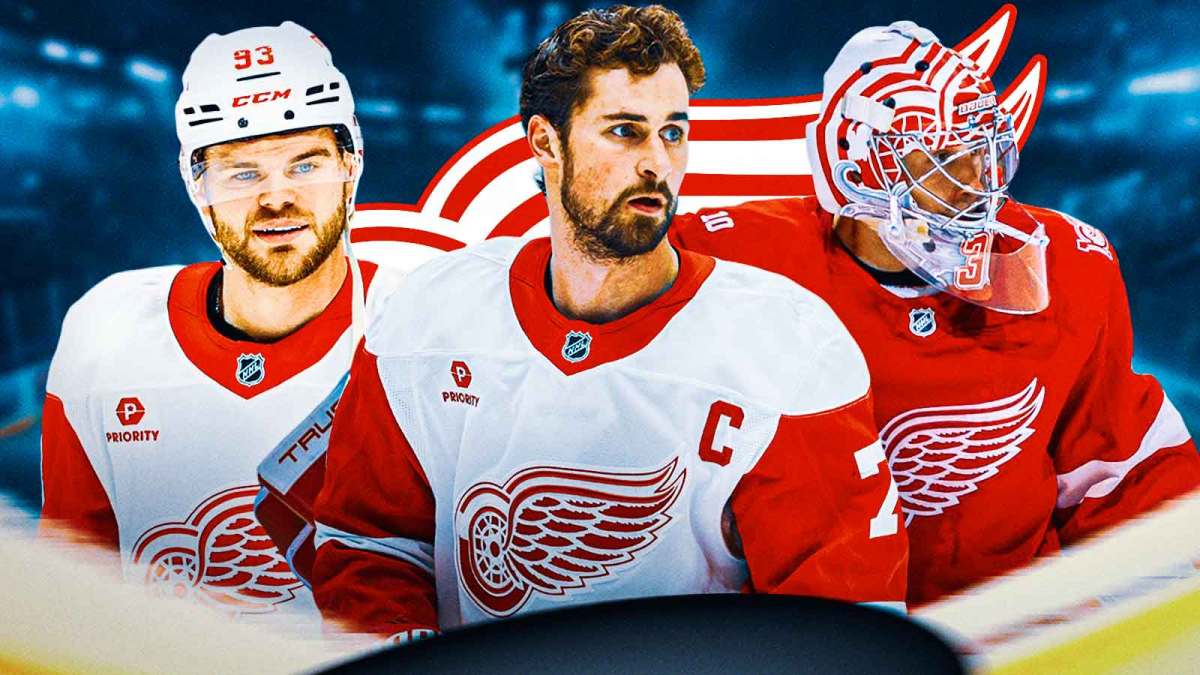 : Alex DeBrincat, Dylan Larkin, and John Gibson, Red Wings logo in the bakground.