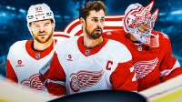 : Alex DeBrincat, Dylan Larkin, and John Gibson, Red Wings logo in the bakground.