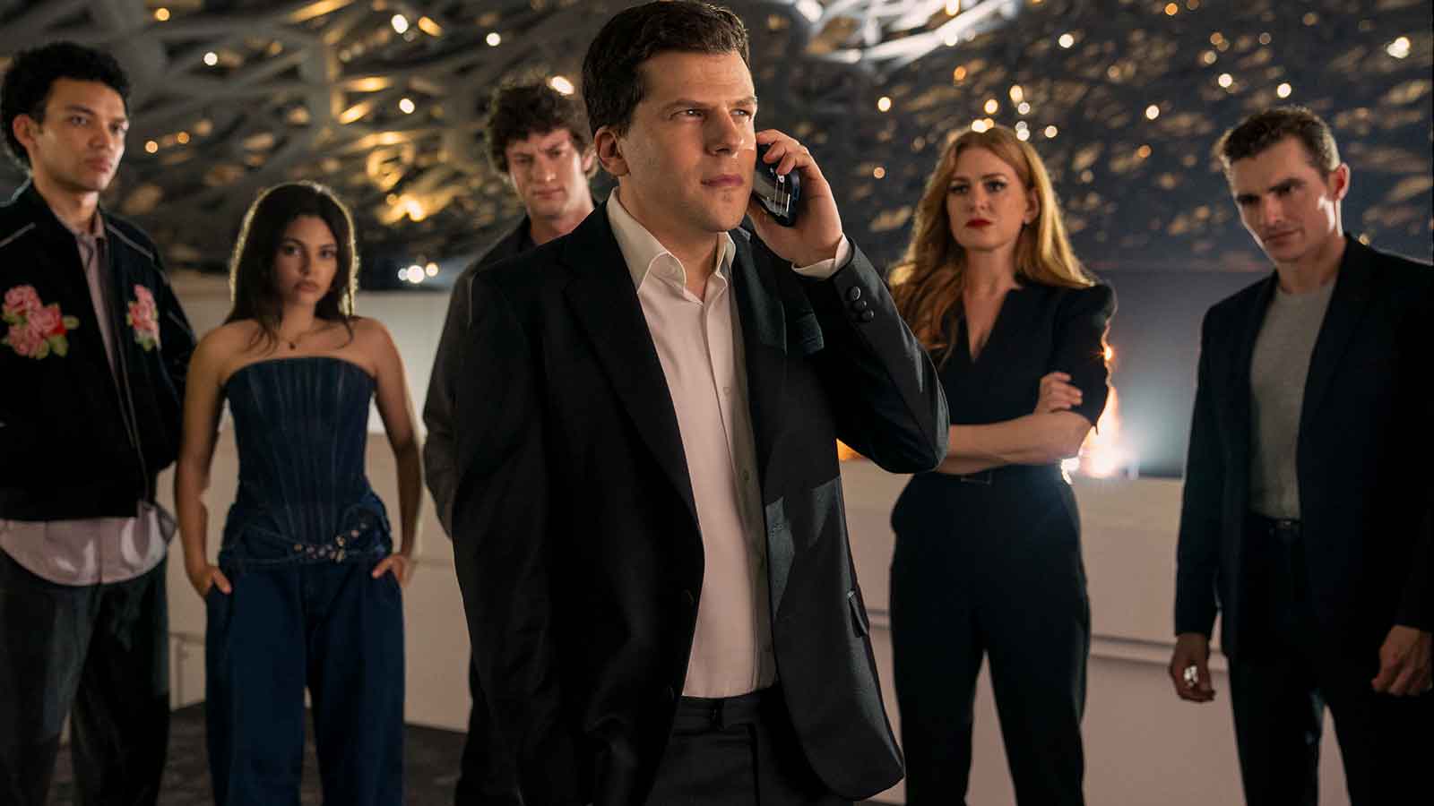 Justice Smith, Ariana Greenblatt, Dominic Sessa, Jesse Eisenberg, Isla Fisher, and Dave Franco in Now You See Me: Now You Don't.