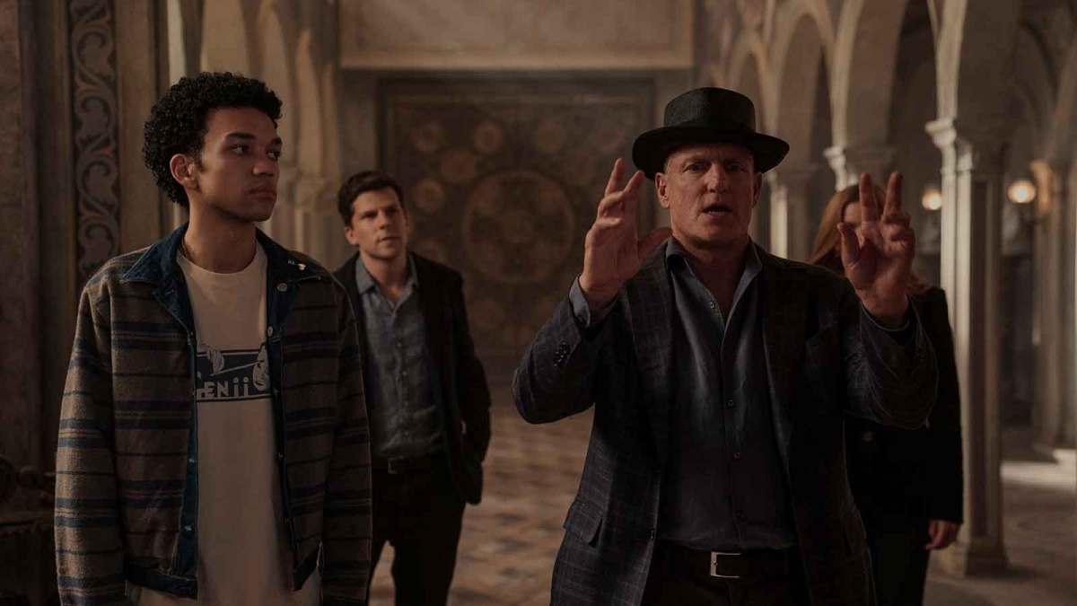 Justice Smith, Jesse Eisenberg, Woody Harrelson, and Isla Fisher in the new Ruben Fleischer movie, Now You See Me: Now You Don't.