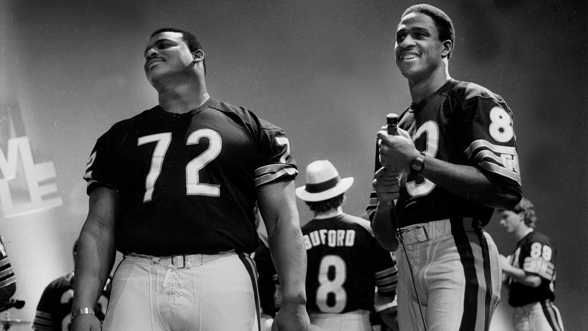 William Perry and Willie Gault of the 1985 Chicago Bears recording the Super Bowl Shuffle as captured in HBO's new documentary, The Shuffle.