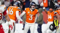 Denver Broncos kicker Wil Lutz (3) celebrates his game winning filed goal in the fourth quarter against the Kansas City Chiefs at Empower Field at Mile High.