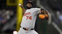 Baltimore Orioles relief pitcher Felix Bautista (74) pitches against the Texas Rangers during the ninth inning at Globe Life Field.