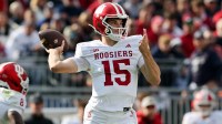 Indiana Hoosiers quarterback Fernando Mendoza (15) throws a pass during the first quarter against the Penn State Nittany Lions at Beaver Stadium.