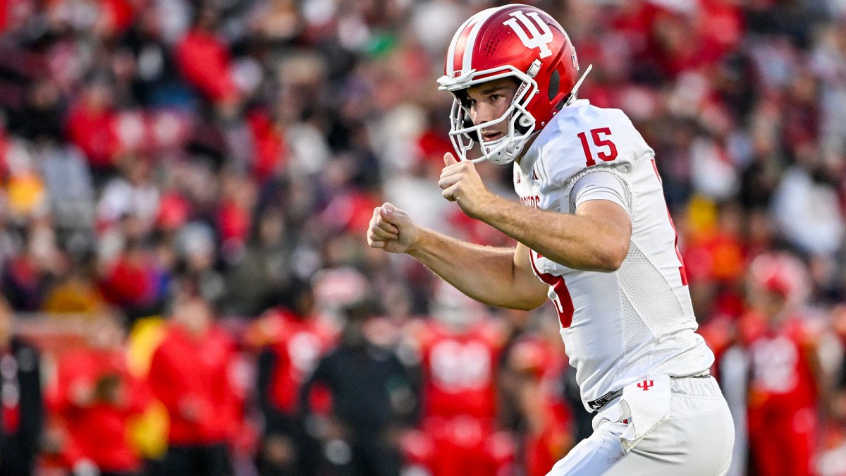 Indiana Hoosiers quarterback Fernando Mendoza (15) celebrates after a touchdown during the second half against the Maryland Terrapins at SECU Stadium.