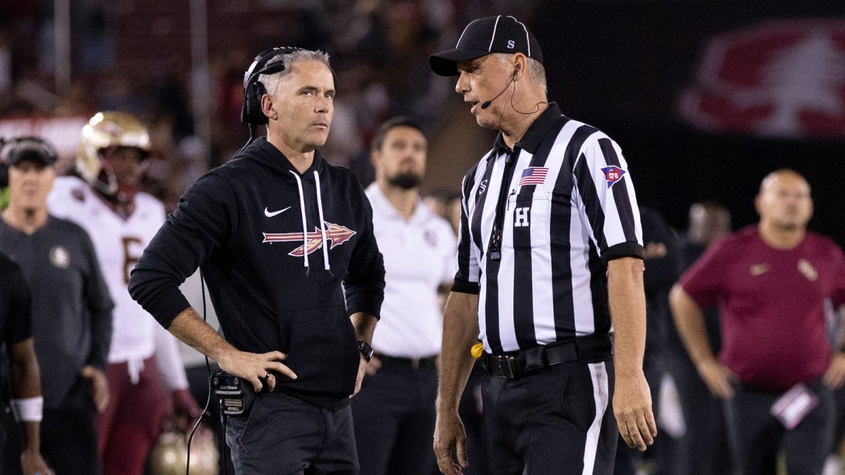 Florida State Seminoles head coach Mike Norvell reacts to the conversation with the referee during the fourth quarter against the Stanford Cardinal at Stanford Stadium.