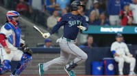 Seattle Mariners second baseman Jorge Polanco (7) singles in the third inning against the Toronto Blue Jays during game seven of the ALCS round for the 2025 MLB playoffs at Rogers Centre.