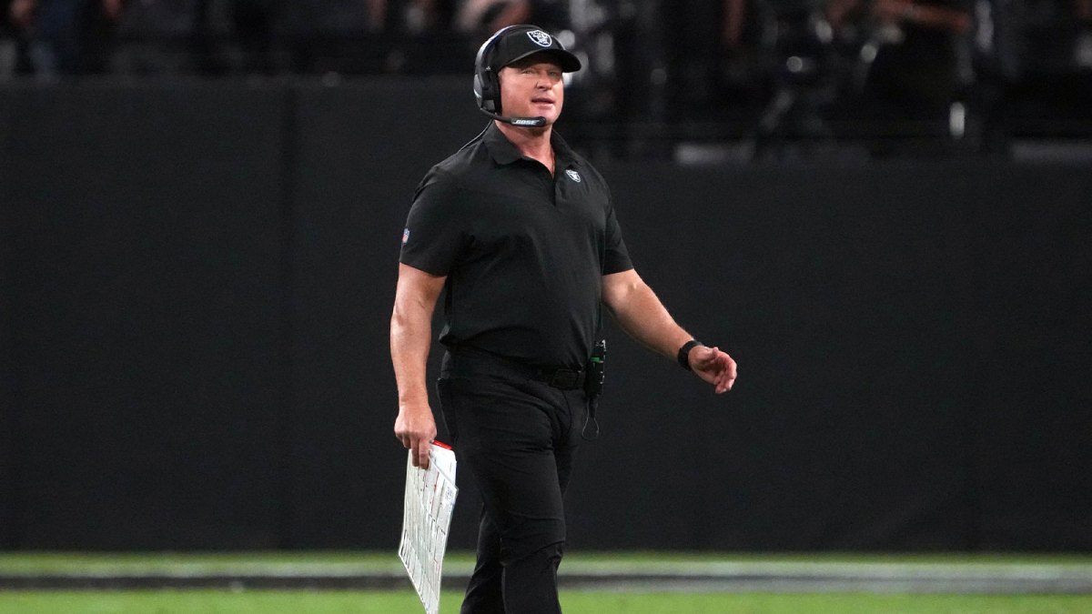 Las Vegas Raiders head coach Jon Gruden reacts against the Baltimore Ravens during the second half at Allegiant Stadium.