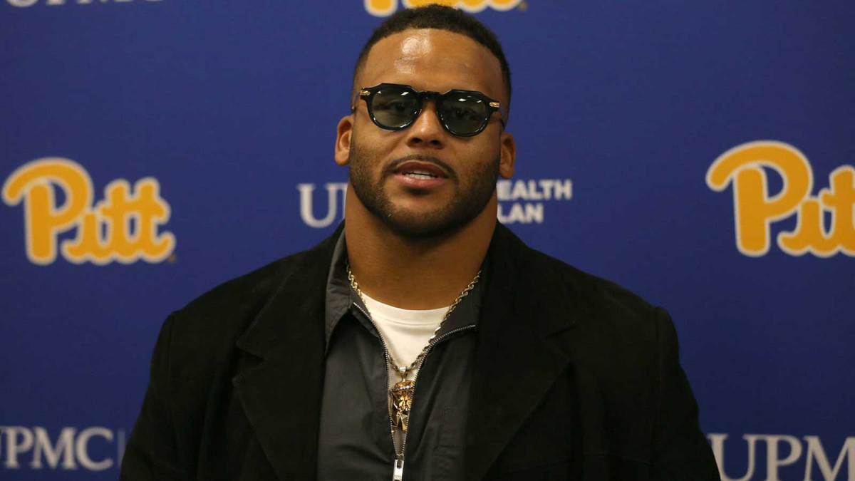 Former Pittsburgh Panther and retired NFL defensive tackle Aaron Donald speaks at a press conference prior to the start of the Pittsburgh Panthers vs Notre Dame Fighting Irish game at Acrisure Stadium in Pittsburgh, PA on November 15, 2025.