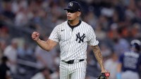 New York Yankees relief pitcher Jonathan Loaisiga (43) reacts during the eighth inning against the Tampa Bay Rays at Yankee Stadium.