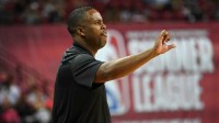 Cleveland Cavaliers Summer League head coach Damon Jones gestures during an NBA Summer League game against the Los Angeles Lakers at Thomas & Mack Center.