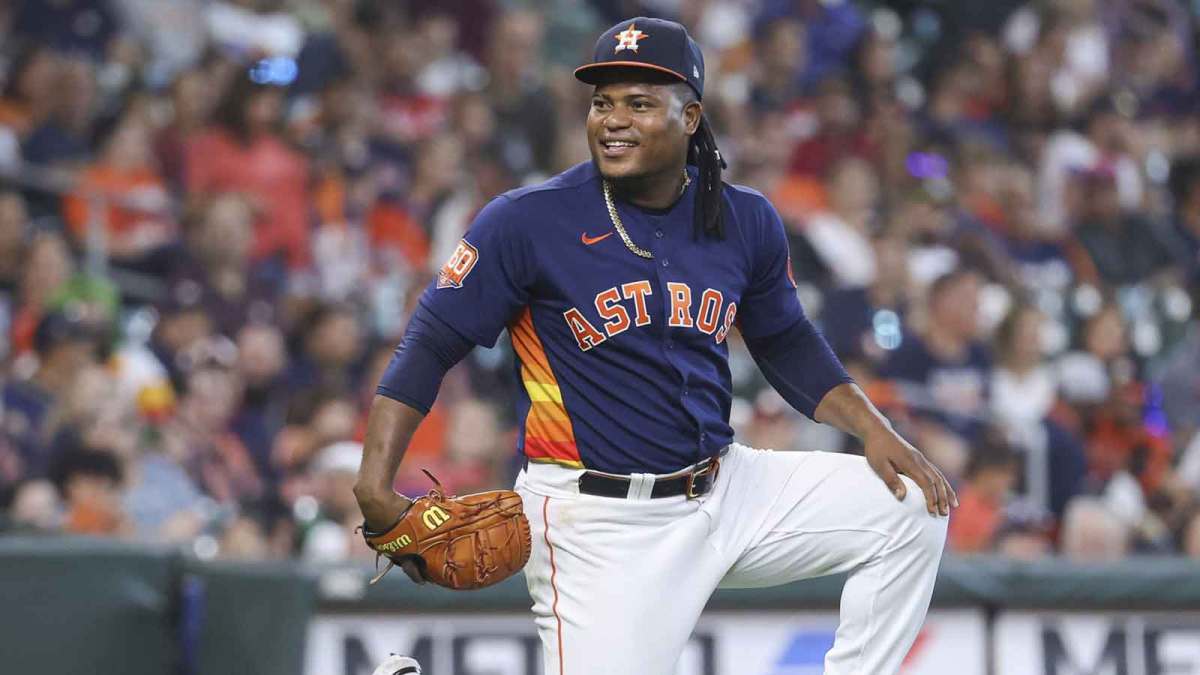 Houston Astros starting pitcher Framber Valdez (59) reacts after an infield single by Oakland Athletics catcher Shea Langeliers (not pictured) during the fifth inning at Minute Maid Park.