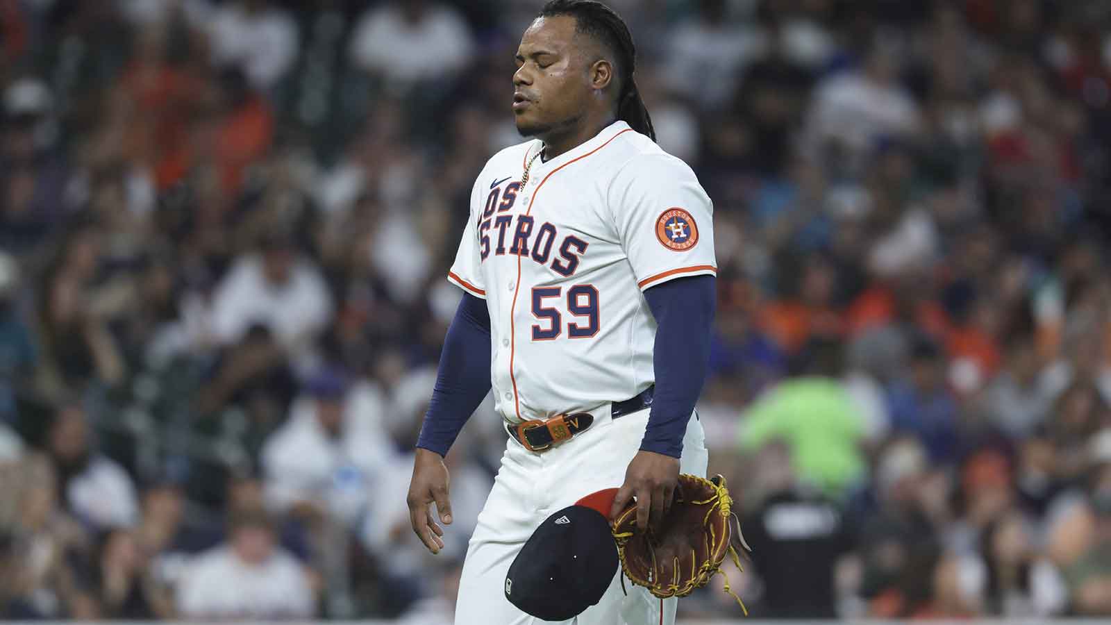 Houston Astros starting pitcher Framber Valdez (59) walks off the field after pitching during the second inning against the Seattle Mariners at Daikin Park.