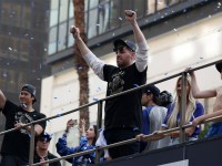 Los Angeles Dodgers first baseman Freddie Freeman acknowledges the crowd during the World Series championship parade at downtown Los Angeles.