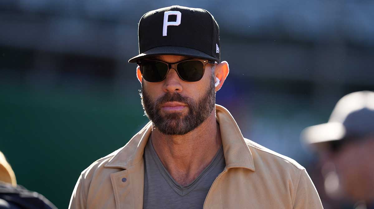 Miami Marlins assistant general manager Gabe Kapler stands on the field before the game against the Oakland Athletics at Oakland-Alameda County Coliseum.