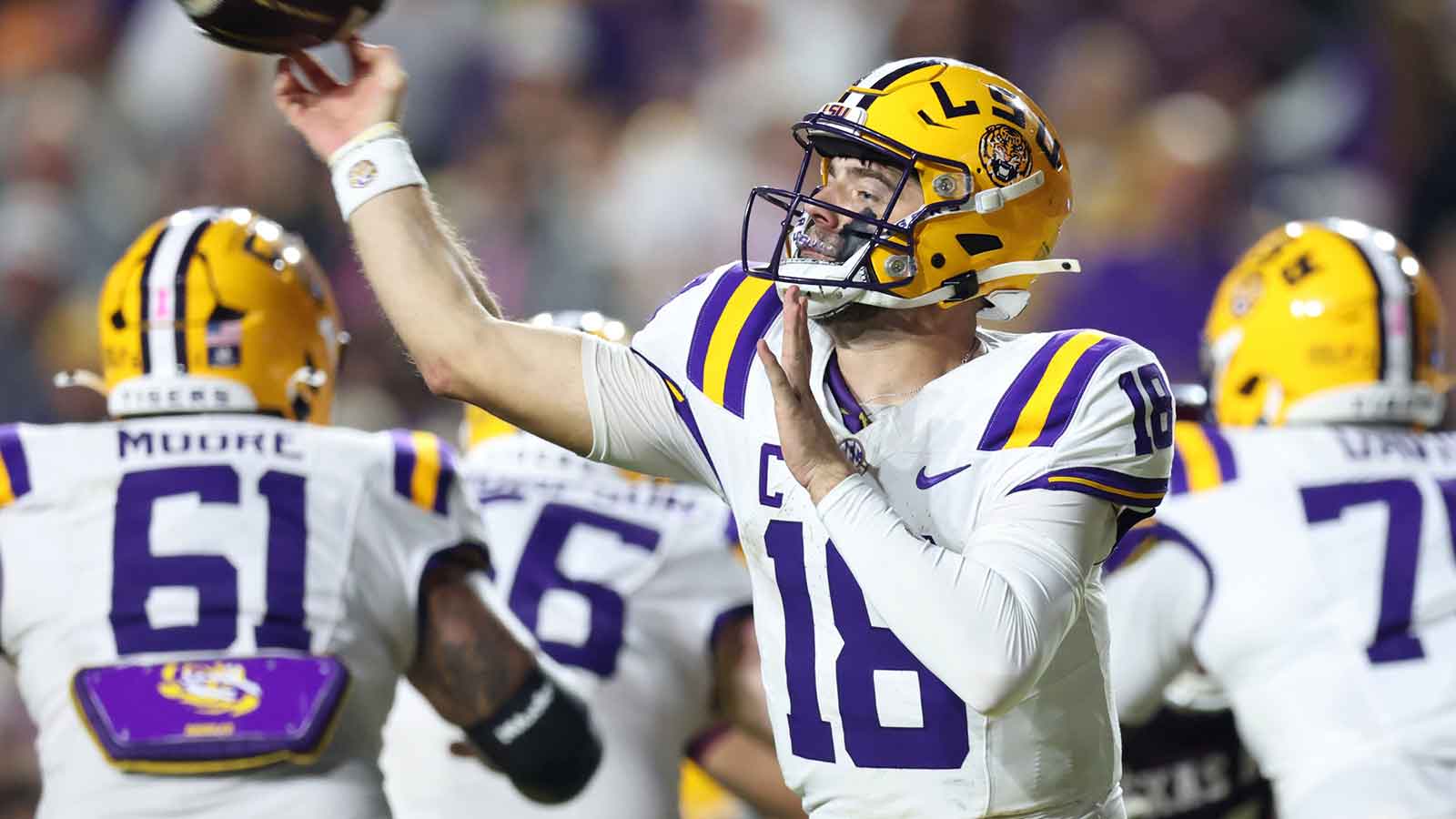 Louisiana State Tigers quarterback Garrett Nussmeier (18) throws during the second half against the Texas A&M Aggies at Tiger Stadium.