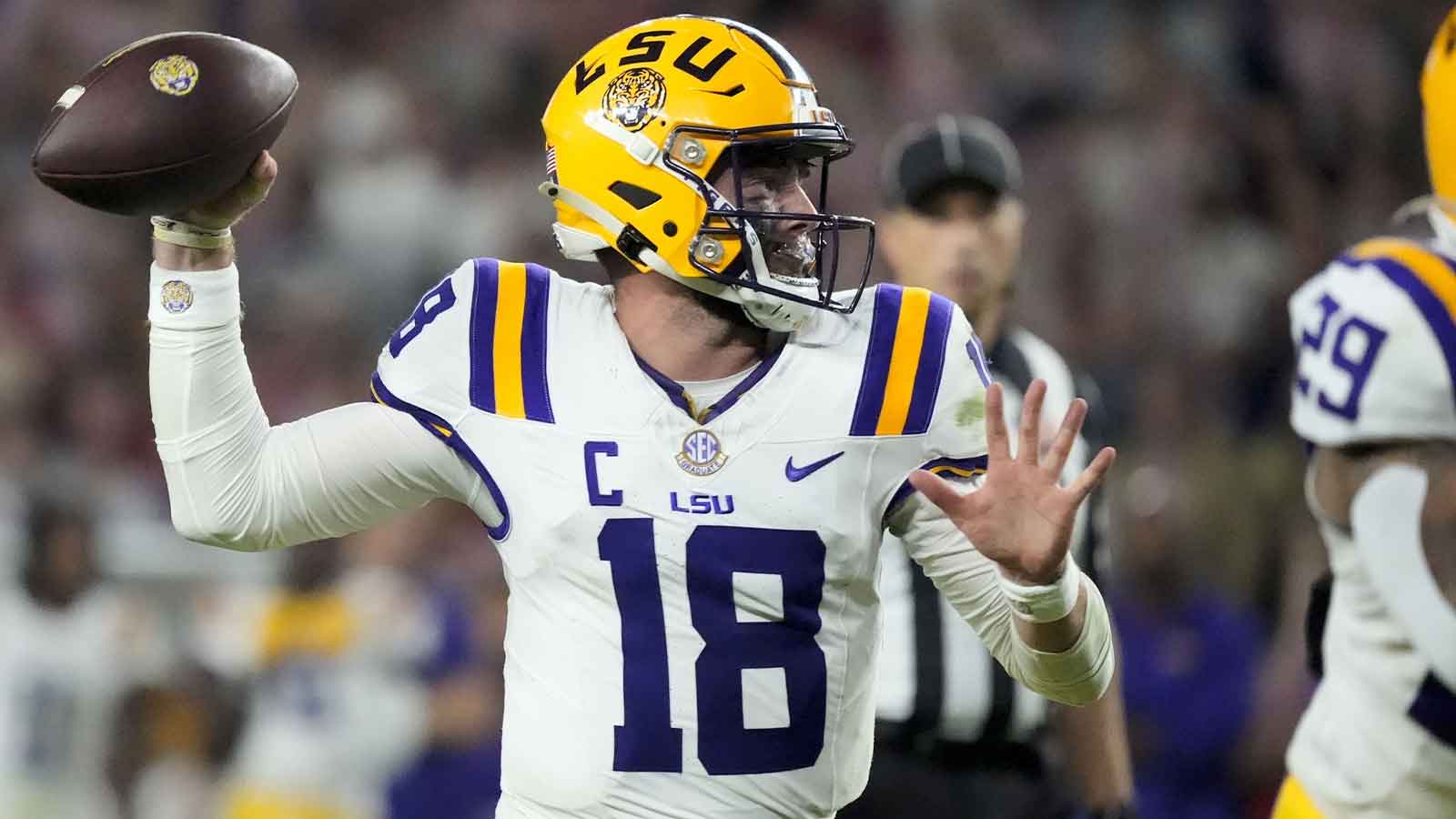 LSU quarterback Garrett Nussmeier (18) throws a pass during the second half of the game with Alabama at Saban Field at Bryant-Denny Stadium. Alabama defeated LSU 20-9.