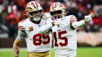 San Francisco 49ers wide receiver Jauan Jennings (15) celebrates with tight end George Kittle (85) after a first down catch against the Cleveland Browns during the fourth quarter at Huntington Bank Field.