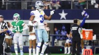 Dallas Cowboys wide receiver George Pickens (3) reacts after a play in the fourth quarter against the Philadelphia Eagles at AT&T Stadium.