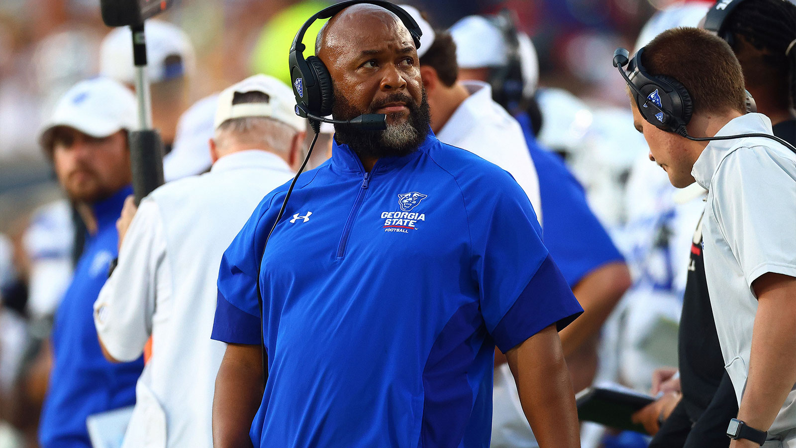  Georgia State Panthers head coach Dell McGee looks on during the first quarter against the Mississippi Rebels at Vaught-Hemingway Stadium.