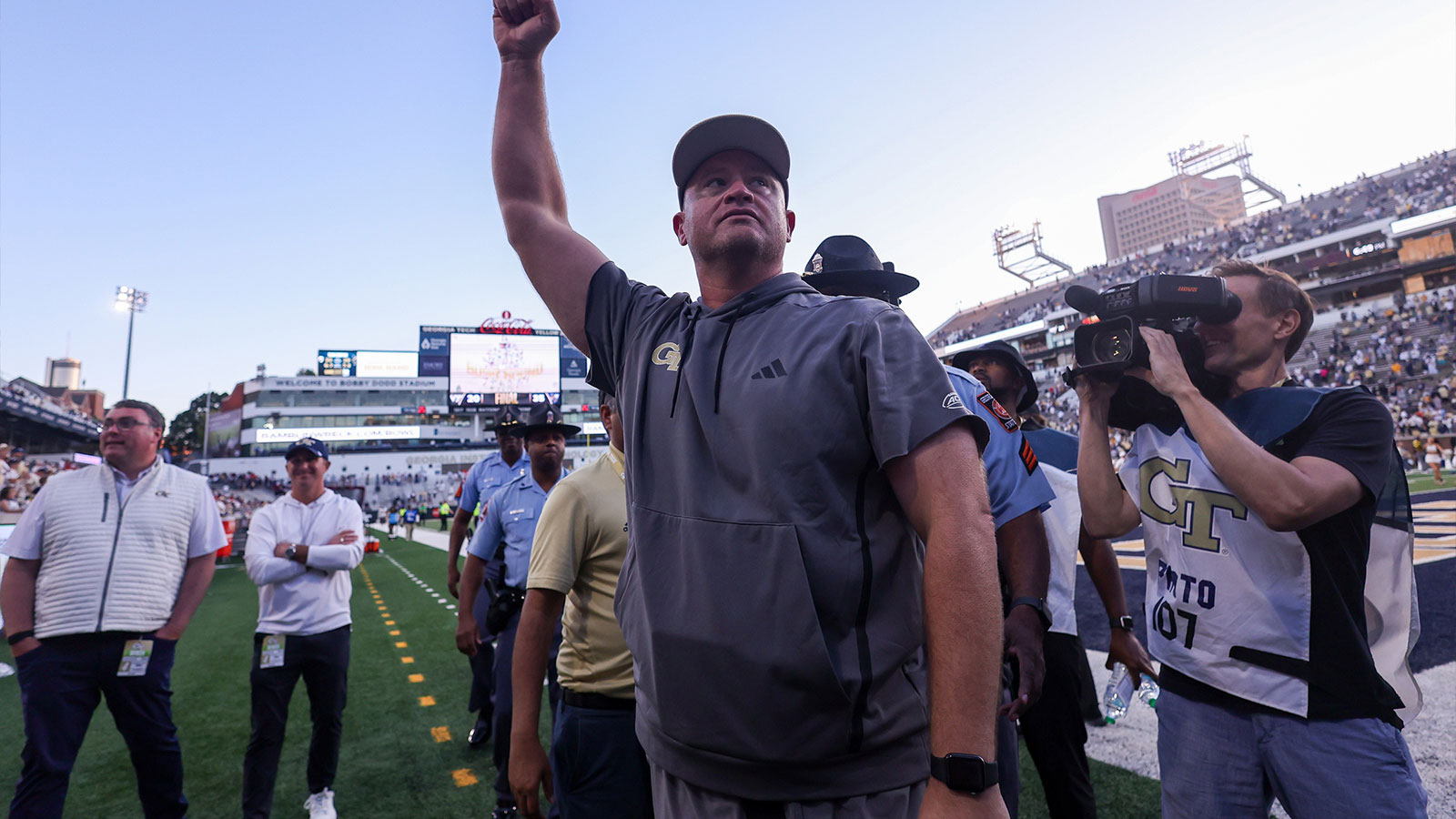 Georgia Tech Yellow Jackets head coach Brent Key celebrates after a victory over the Virginia Tech Hokies at Bobby Dodd Stadium at Hyundai Field.