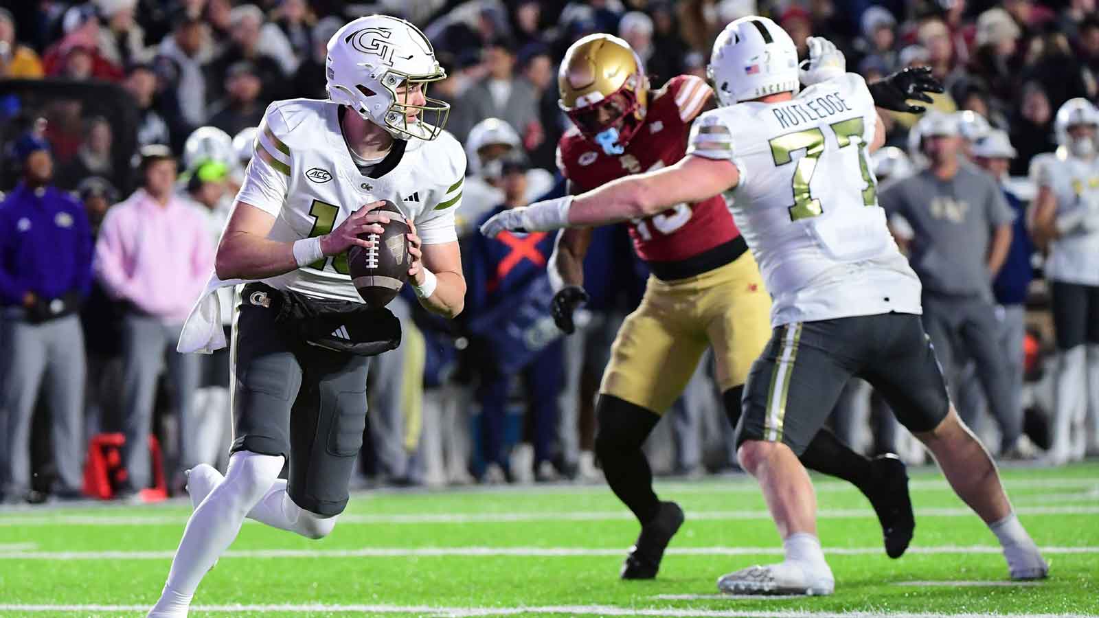 Georgia Tech Yellow Jackets quarterback Haynes King (10) looks to pass the ball during the first half against the Boston College Eagles at Alumni Stadium.