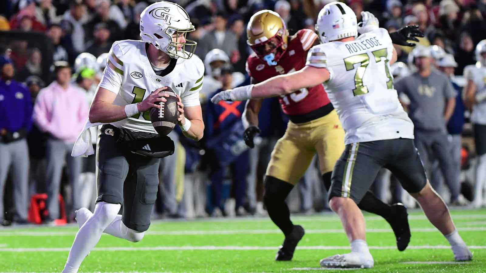 Georgia Tech Yellow Jackets quarterback Haynes King (10) looks to pass the ball during the first half against the Boston College Eagles at Alumni Stadium.