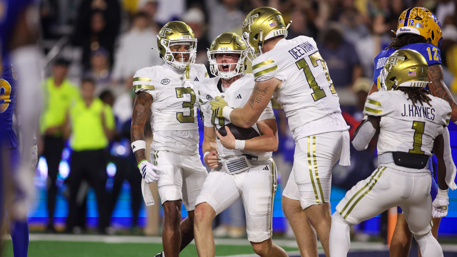 Georgia Tech Yellow Jackets quarterback Haynes King (10) celebrates after a touchdown against the Pittsburgh Panthers in the second quarter at Bobby Dodd Stadium at Hyundai Field