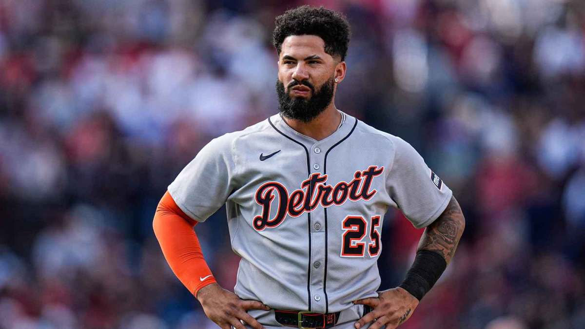 Detroit Tigers second base Gleyber Torres (25) reacts after a play against Cleveland Guardians after top of third inning of Game 3 of AL wild-card series at Progressive Field in Cleveland on Thursday, Oct. 2, 2025.