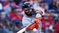 Detroit Tigers second baseman Gleyber Torres bats against the Cleveland Guardians during the seventh inning of Game 3 of AL wild-card series at Progressive Field