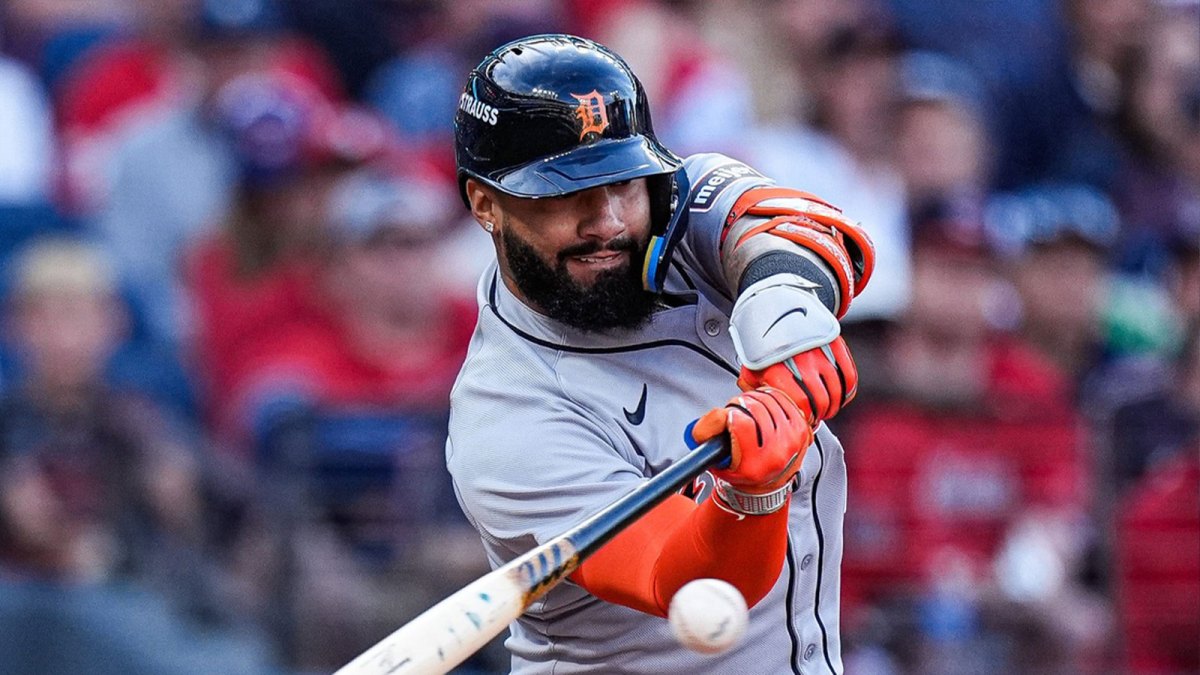 Detroit Tigers second baseman Gleyber Torres bats against the Cleveland Guardians during the seventh inning of Game 3 of AL wild-card series at Progressive Field