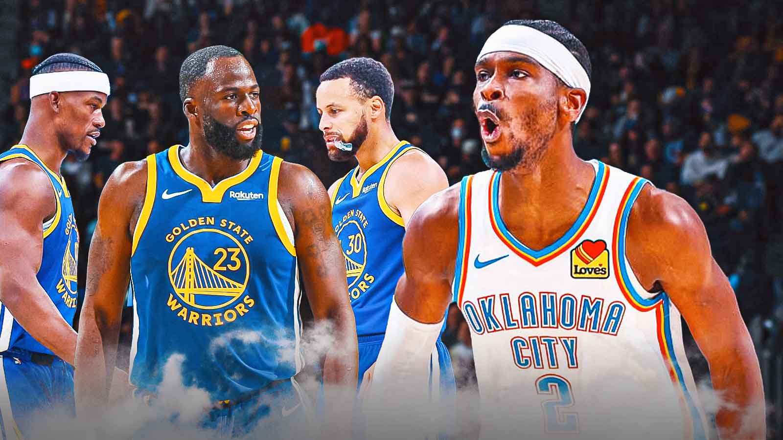 Jimmy Butler and Steph Curry next to Draymond Green in the center looking sad and down with Shai Gilgeous Alexander