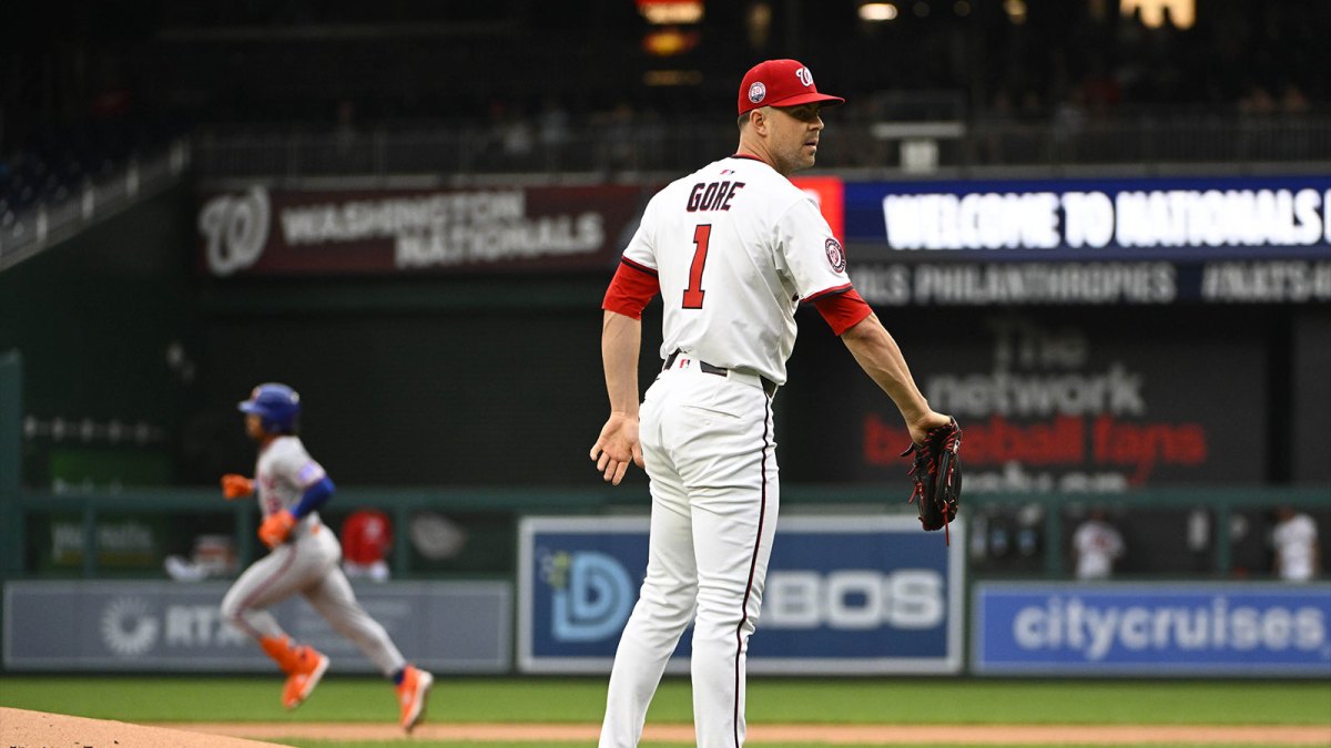Washington Nationals starting pitcher MacKenzie Gore (1) reacts after giving up a leadoff home run to New York Mets shortstop Francisco Lindor (12) during the first inning at Nationals Park.