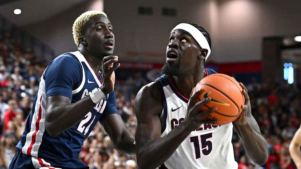 Gonzaga Bulldogs forward Graham Ike (15) shoots the ball against Gonzaga Bulldogs center Ismaila Diagne (24) during Numerica Kraziness in the Kennel at the McCarthey Athletic Center.