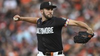 Baltimore Orioles pitcher Grayson Rodriguez (30) throws a second inning pitch against the San Diego Padres at Oriole Park at Camden Yards.