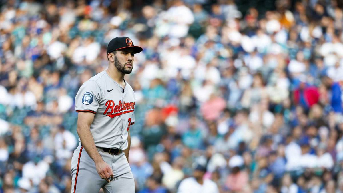 Baltimore Orioles starting pitcher Grayson Rodriguez (30), now with the Angeles, walks to the dugout following the second inning against the Seattle Mariners at T-Mobile Park.