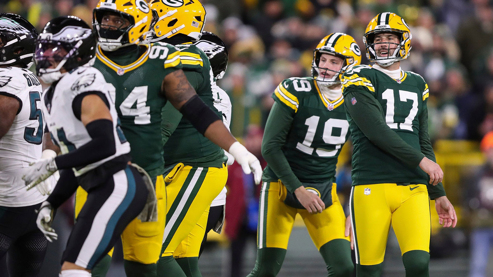 Green Bay Packers place kicker Brandon McManus (17) watches as his game-tying field goal attempt as time expires